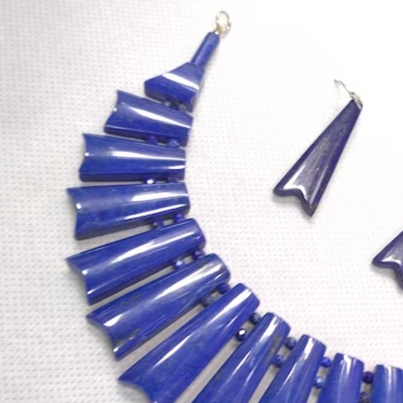 Lapis Lazuli Choker Necklace & Earrings: Vintage Tribal Jewelry Set - Picture 9 of 10